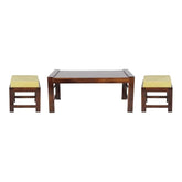 ONIJA Sheesham Wood Center Coffee Table Set with 2 Stool with Cushions